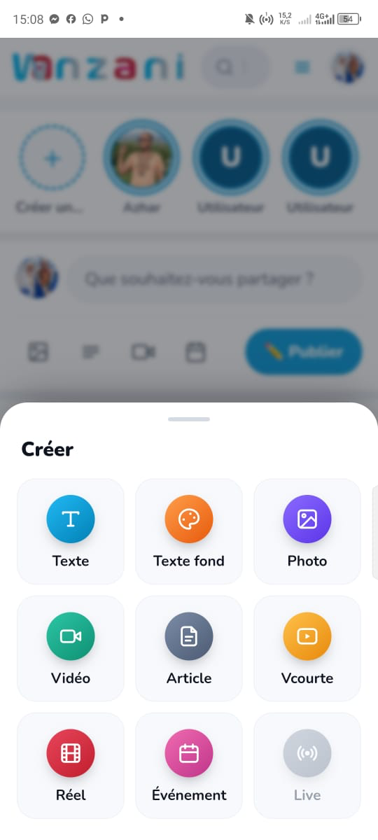 Capture réelle du module Créer sur Wanzani mobile